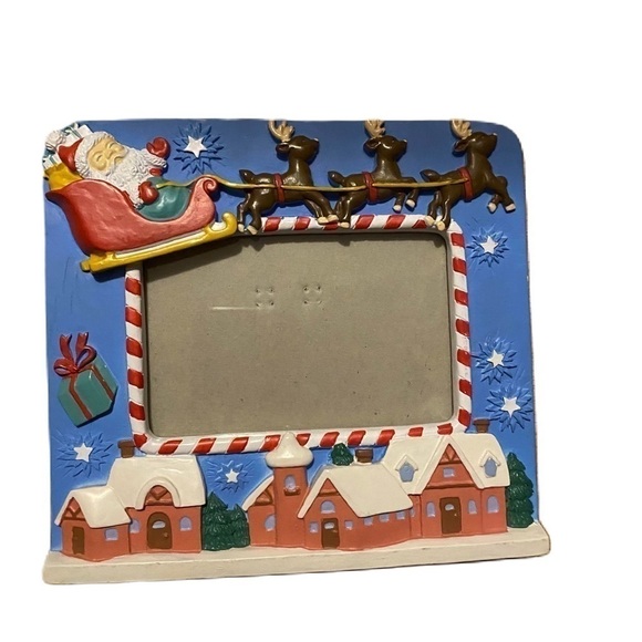 Santa Sleigh & Reindeer Ceramic Picture Frame Photo Christmas Flying - Picture 1 of 3